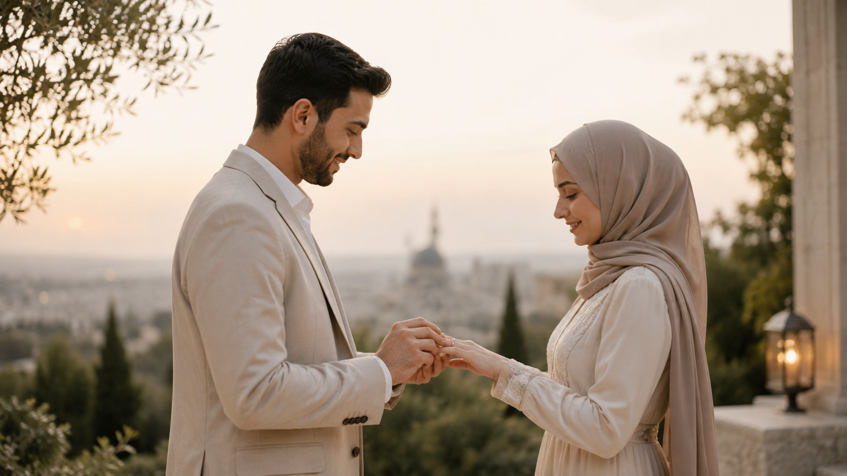 Muslim couple exchanging an engagement ring as a symbol of serious marriage intention